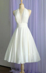 Vintage neck hanging bow tea long chiffon wedding dress
