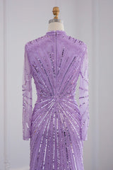 Violet High Neck Mermaid Evening Dress with Tulle Long Sleeves and Sparkle Appliques
