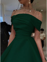 A-Line Evening Gown Elegant Dress Formal Red Green Dress Floor Length Short Sleeve Illusion Neck Satin with Ruched Beading