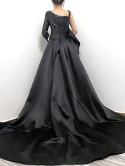 Mermaid Black Dress Evening Gown Sparkle & Shine Dress Wedding Halloween Court Train Long Sleeve One Shoulder African American Sequined with Sequin Slit