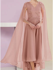 Aimishang  A-Line Mother of the Bride Dress Wedding Guest Elegant V Neck Asymmetrical Ankle Length Chiffon Lace Short Sleeve with Ruching Solid Color