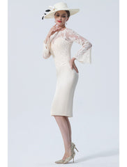 Aimishang  Sheath / Column Mother of the Bride Dress Vintage Plus Size Elegant Jewel Neck Knee Length Satin Lace Long Sleeve with Lace