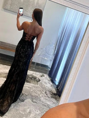 A-Line Mermaid Black Dress Evening Gown Open Back Dress Graduation Prom Sweep / Brush Train Sleeveless Sweetheart Wednesday Addams Family Lace Backless with Glitter Slit Appliques