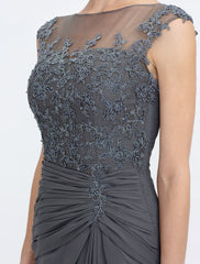 Aimishang A-Line Mother of the Bride Dress Wedding Guest Elegant See Through Bateau Neck Floor Length Chiffon Lace Sleeveless with Side Draping Fall