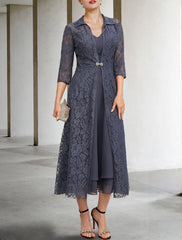 Aimishang  A-Line Mother of the Bride Dress Elegant V Neck Tea Length Chiffon Lace Sleeveless Jacket Dresses with Tier Solid Color