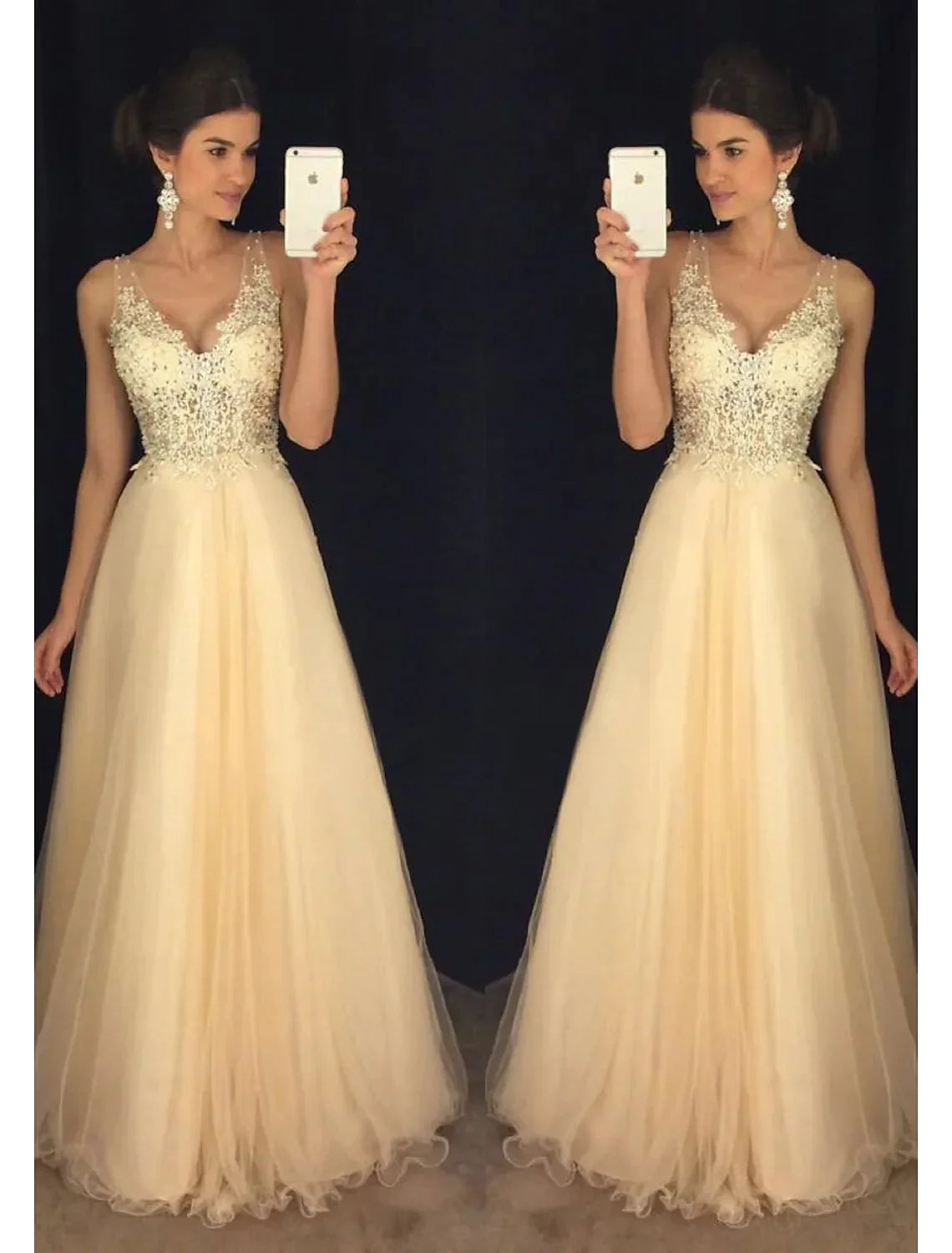 A-Line Prom Dresses Dress Formal Floor Length Sleeveless V Neck Tulle V Back Beading Appliques