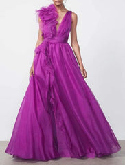 Wholesale A-Line Evening Gown Celebrity Style Dress Christmas Red Green Dress Formal Wedding Guest Floor Length Sleeveless V Neck Chiffon with Slit Pure Color