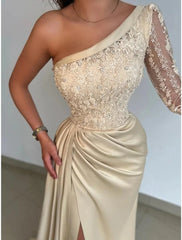 Mermaid Black Dress Evening Gown Hot Dress Formal Wedding Party Sweep / Brush Train Long Sleeve One Shoulder Bridesmaid Dress Satin with Rhinestone Appliques