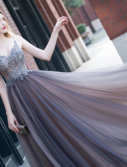 Aimishang A-Line Minimalist Elegant Party Wear Prom Dress V Neck Sleeveless Floor Length Tulle with Pleats Appliques