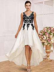 A-Line Mother of the Bride Dress Wedding Guest Party Elegant V Neck Asymmetrical Satin Lace Sleeveless