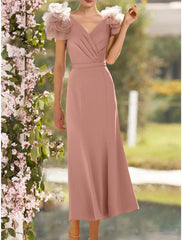 Aimishang  A-Line Mother of the Bride Dress Wedding Guest Elegant V Neck Ankle Length Satin Short Sleeve with Cascading Ruffles Ruching