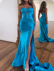 Aimishang A-Line Prom Dresses Elegant Dress Formal Floor Length Sleeveless Strapless Satin with Ruched Slit Sexy Evening Dress