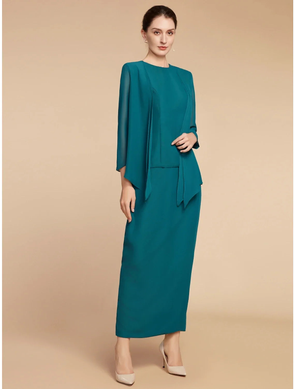 Aimishang  Sheath / Column Mother of the Bride Dress Wedding Guest Elegant Simple Jewel Neck Ankle Length Chiffon Long Sleeve with Split Front Ruching Solid Color