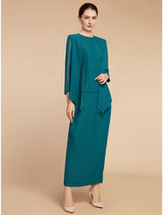 Aimishang  Sheath / Column Mother of the Bride Dress Wedding Guest Elegant Simple Jewel Neck Ankle Length Chiffon Long Sleeve with Split Front Ruching Solid Color