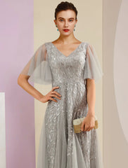 Aimishang  Sheath / Column Mother of the Bride Dress Party Sparkle & Shine V Neck Floor Length Lace Tulle Short Sleeve with Pleats Sequin