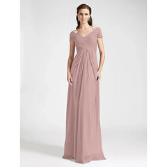 Sheath / Column Bridesmaid Dress V Neck / Off Shoulder Short Sleeve Open Back Floor Length Chiffon with Criss Cross / Draping
