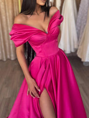Aimishang A-Line Evening Gown Party Dress Sexy Dress Prom Birthday Floor Length Short Sleeve Off Shoulder Satin with Slit Pure Color