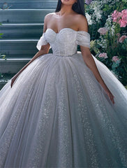 Aimishang Engagement Sparkle & Shine Formal Wedding Dresses Ball Gown Off Shoulder Cap Sleeve Chapel Train Sequined Bridal Gowns With Solid Color