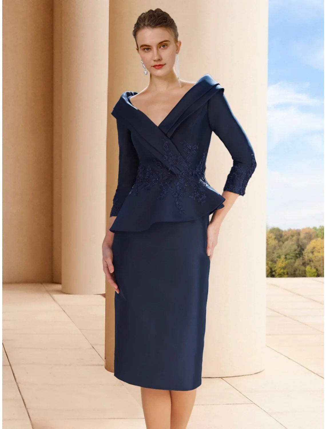 Aimishang  A-Line Mother of the Bride Dress Wedding Guest Elegant Petite V Neck Knee Length Satin 3/4 Length Sleeve with Split Front Ruching