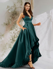 Prom Dresses Sleeveless V Neck  Satin with Ruffles Pocket