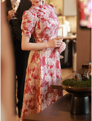 A-Line Evening Gown Chinese Style Dress Engagement Floor Length Half Sleeve Stand Collar Satin with Pearls Strappy
