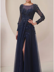 Aimishang  A-Line Mother of the Bride Dress Wedding Guest Elegant Scoop Neck Ankle Length Lace Tulle Long Sleeve with Split Front Ruching