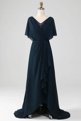A-Line V-Neck Asymmetrical Sequins Mother of the Bride Dress With Beading