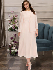 Aimishang  Two Piece A-Line Mother of the Bride Dresses Plus Size Hide Belly Curve Elegant Dress Formal Ankle Length Half Sleeve Jewel Neck Chiffon with Beading