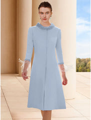 Aimishang Two Piece Sheath / Column Mother of the Bride Dress Wedding Guest Elegant Petite Scoop Neck Knee Length Satin 3/4 Length Sleeve with Feather Beading