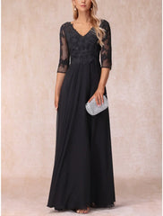 Aimishang A-Line Mother of the Bride Dress Wedding Guest Elegant V Neck Floor Length Chiffon Lace 3/4 Length Sleeve with Ruching Solid Color