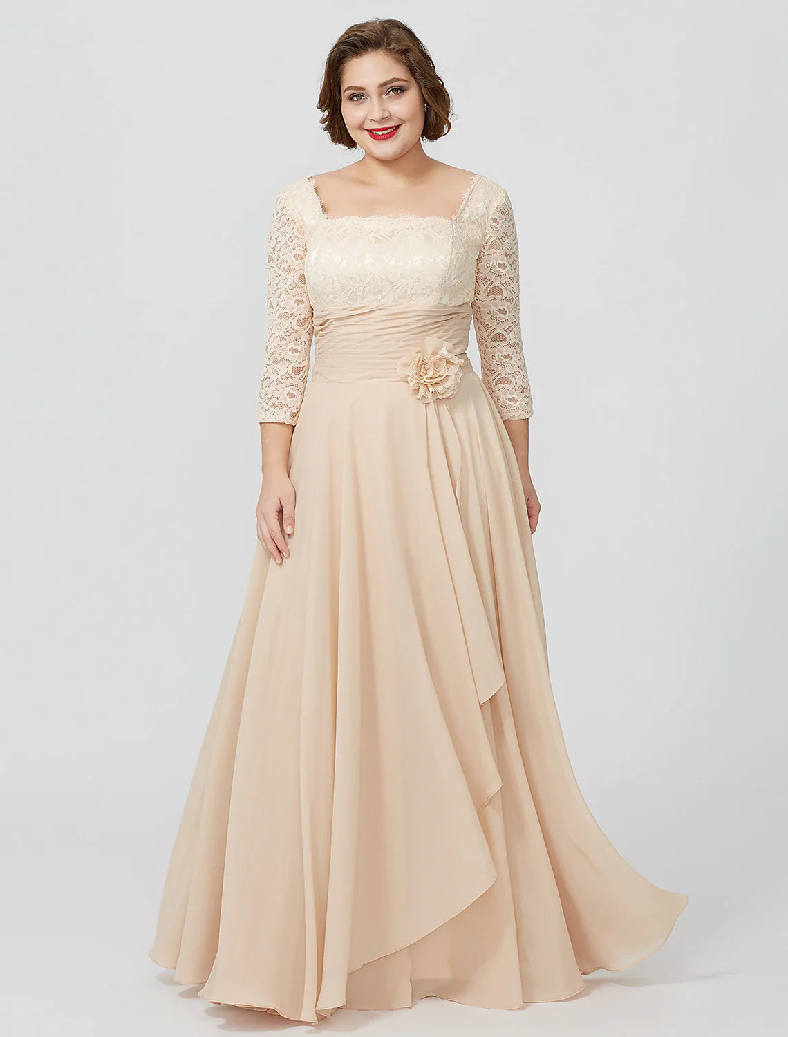 Aimishang  Sheath / Column Mother of the Bride Dress Formal Classic & Timeless Elegant & Luxurious Plus Size Square Neck Floor Length Chiffon Metallic Lace 3/4 Length Sleeve No with Sash / Ribbon Flower