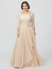 Aimishang  Sheath / Column Mother of the Bride Dress Formal Classic & Timeless Elegant & Luxurious Plus Size Square Neck Floor Length Chiffon Metallic Lace 3/4 Length Sleeve No with Sash / Ribbon Flower