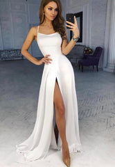 White Chiffon Long Prom Dresses, Simple Evening Dresses with Slit