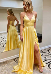 Yellow V-Neck Satin Long Prom Dresses, A-Line Evening Dresses
