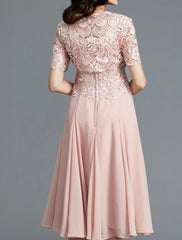 Aimishang Two Piece A-Line Mother of the Bride Dress Elegant Jewel Neck Knee Length Chiffon Lace Short Sleeve with Pleats Embroidery