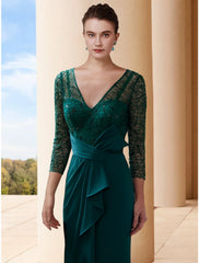 Aimishang  A-Line Mother of the Bride Dress Wedding Guest Elegant V Neck Sweep / Brush Train Stretch Chiffon 3/4 Length Sleeve with Bow(s) Sequin Ruching