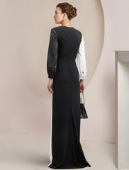 Aimishang Sheath / Column Mother of the Bride Dress Formal Wedding Guest Party Elegant V Neck Floor Length Stretch Satin 3/4 Length Sleeve with Color Block