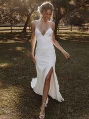 Sheath/Column  Crepe Ruffles V-neck Sleeveless Sweep/Brush Train Wedding Dresses