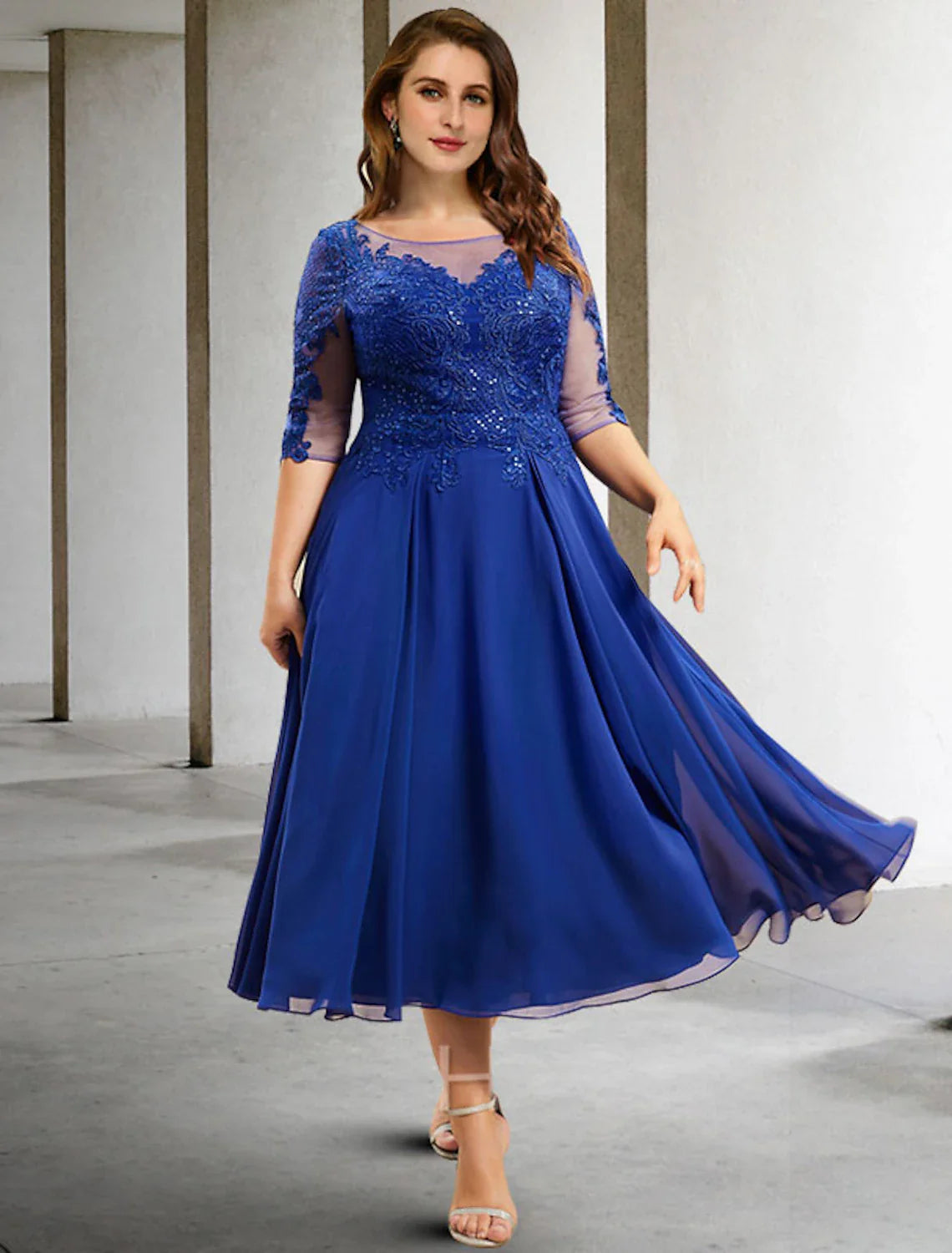Aimishang  A-Line Mother of the Bride Dresses Plus Size Hide Belly Curve Elegant Dress Formal Tea Length Half Sleeve Jewel Neck Chiffon with Pleats Sequin Appliques Fall