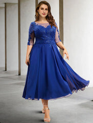 Aimishang  A-Line Mother of the Bride Dresses Plus Size Hide Belly Curve Elegant Dress Formal Tea Length Half Sleeve Jewel Neck Chiffon with Pleats Sequin Appliques Fall