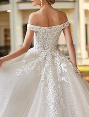 Aimishang Engagement Formal Wedding Dresses Two Piece Off Shoulder Cap Sleeve Court Train Satin Bridal Gowns With Beading Appliques