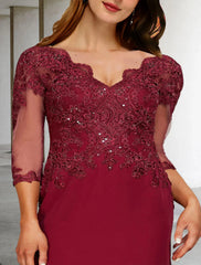 Aimishang A-Line Plus Size Curve Mother of the Bride Dresses Elegant Dress Formal Wedding Guest Court Train 3/4 Length Sleeve V Neck Chiffon with Sequin Slit Appliques