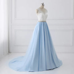 A-line Sweetheart Chapel Train Tulle Lace Beaded Wedding Dresses Light Blue Prom Dress Wholesale