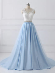 A-line Sweetheart Chapel Train Tulle Lace Beaded Wedding Dresses Light Blue Prom Dress Wholesale