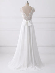 A-line V-neck Sweep Train Chiffon Lace Wedding Dresses With Bows Floor Length Wholesale