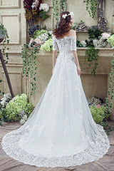 Princess Long Off Shoulder White Wedding Dress