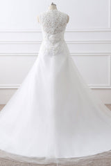 White Appliques Long Wedding Gowns with Beading Belt