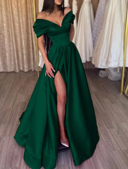 Aimishang A-Line Evening Gown Party Dress Sexy Dress Prom Birthday Floor Length Short Sleeve Off Shoulder Satin with Slit Pure Color