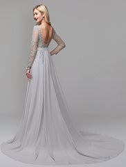 A-Line Luxurious Engagement Formal Evening Dress Illusion Neck V Back Low Back Long Sleeve Chapel Train Chiffon with Sequin Appliques 2024 / Illusion Sleeve