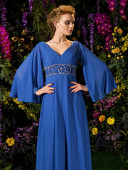 A-Line Mother of the Bride Dress Vintage Inspired V Neck Floor Length Chiffon Long Sleeve with Crystals Beading Side